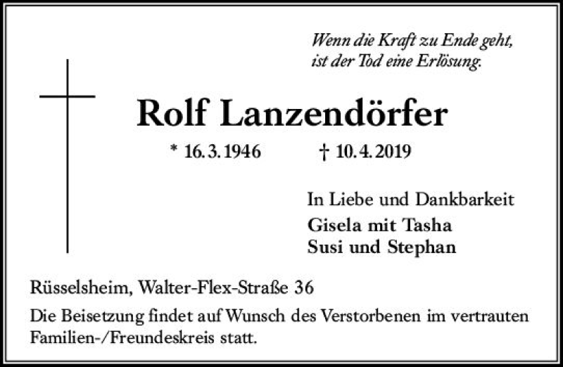  Traueranzeige für Rolf Lanzendörfer vom 20.04.2019 aus vrm-trauer
