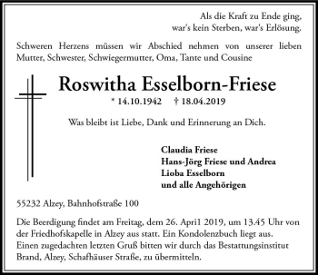 Traueranzeige von Roswitha Esselborn-Friese von vrm-trauer
