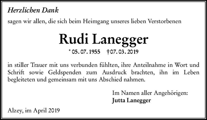  Traueranzeige für Rudi Lanegger vom 20.04.2019 aus vrm-trauer