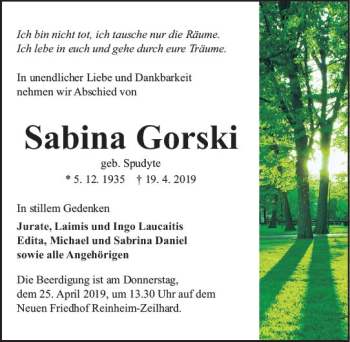 Traueranzeige von Sabina Gorski von vrm-trauer