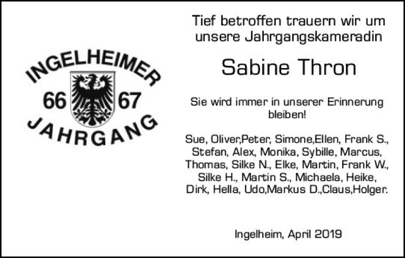  Traueranzeige für Sabine Thron vom 27.04.2019 aus vrm-trauer