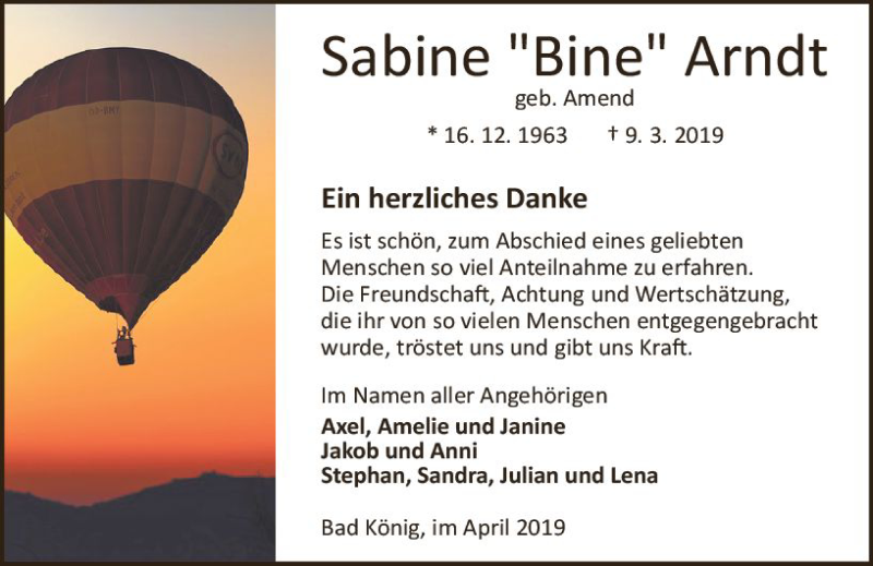  Traueranzeige für Sabine Bine Arndt vom 06.04.2019 aus vrm-trauer