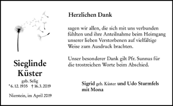 Traueranzeige von Sieglinde Küster von vrm-trauer