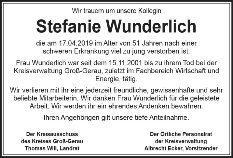  Traueranzeige für Stefanie Wunderlich vom 27.04.2019 aus vrm-trauer