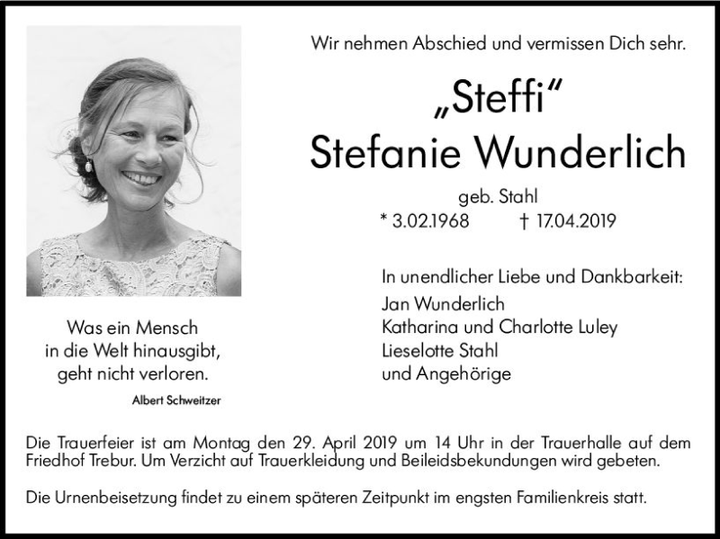 Traueranzeige für Stefanie Wunderlich vom 24.04.2019 aus vrm-trauer