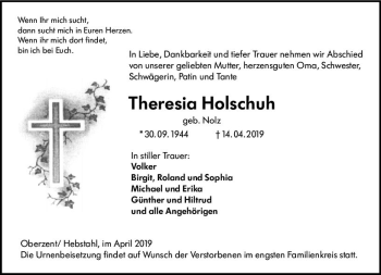 Traueranzeige von Theresia Holschuh von vrm-trauer