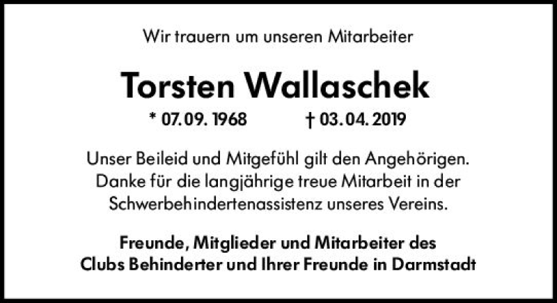  Traueranzeige für Torsten Wallaschek vom 11.04.2019 aus vrm-trauer