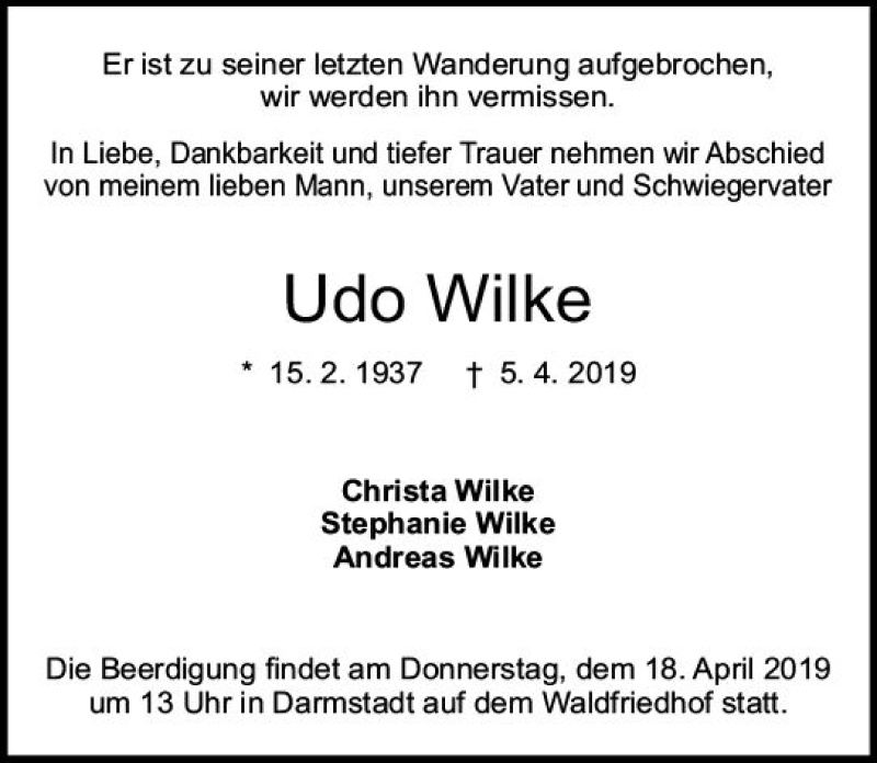  Traueranzeige für Udo Wilke vom 13.04.2019 aus vrm-trauer