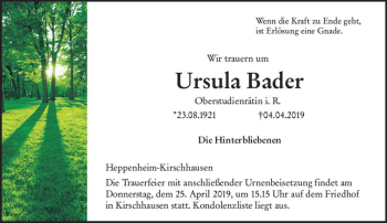 Traueranzeige von Ursula Bader von vrm-trauer