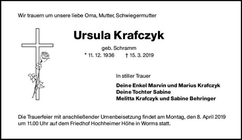  Traueranzeige für Ursula Krafczyk vom 04.04.2019 aus vrm-trauer