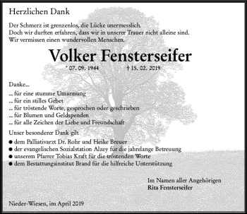 Traueranzeige von Volker Fensterseifer von vrm-trauer