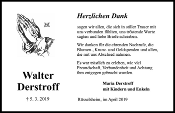 Traueranzeige von Walter Derstroff von vrm-trauer