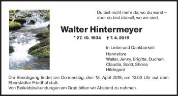 Traueranzeige von Walter Hintermeyer von vrm-trauer