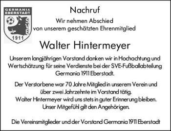 Traueranzeige von Walter Hintermeyer von vrm-trauer