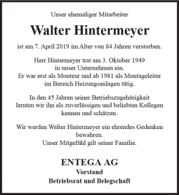 Traueranzeige von Walter Hintermeyer von vrm-trauer