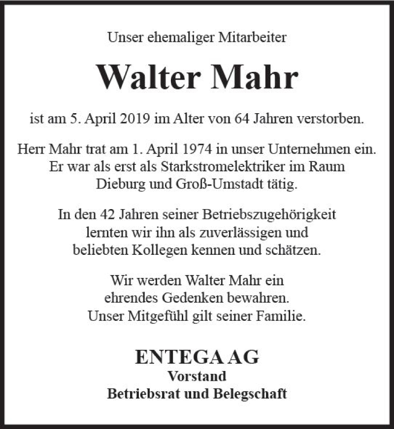  Traueranzeige für Walter Mahr vom 20.04.2019 aus vrm-trauer