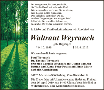 Traueranzeige von Waltraut Weyrauch von vrm-trauer
