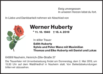 Traueranzeige von Werner Huberty von vrm-trauer