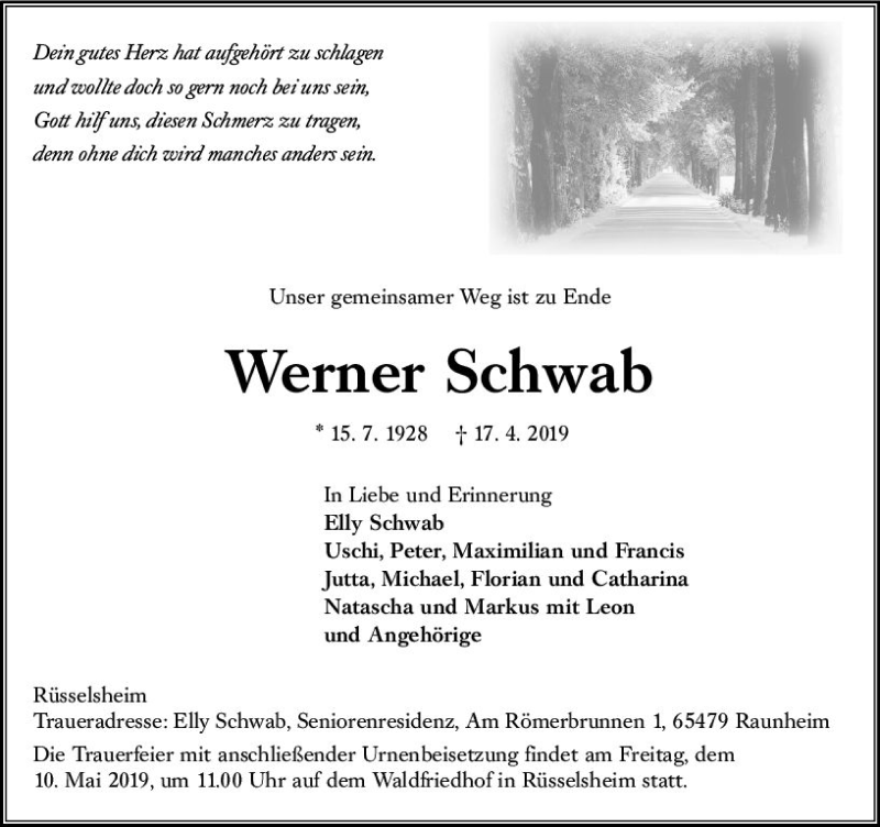  Traueranzeige für Werner Schwab vom 27.04.2019 aus vrm-trauer