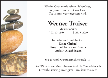 Traueranzeige von Werner Traiser von vrm-trauer