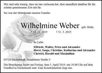Traueranzeige von Wilhelmine Weber von vrm-trauer
