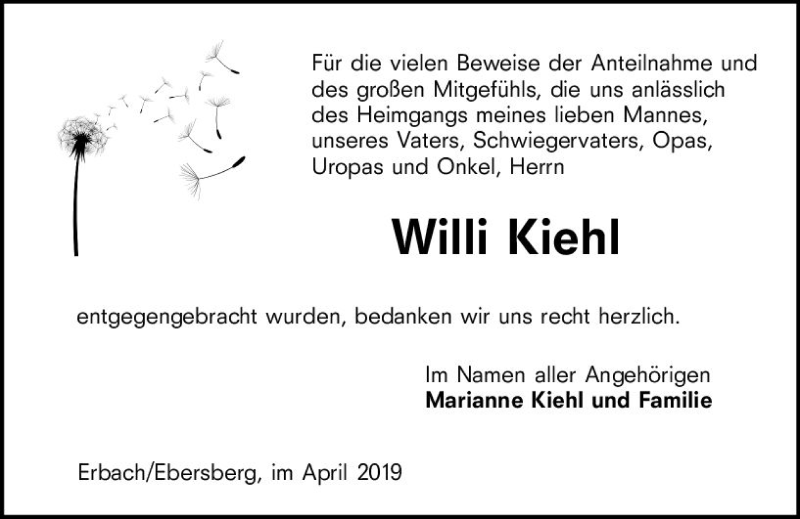  Traueranzeige für Willi Kiehl vom 13.04.2019 aus vrm-trauer