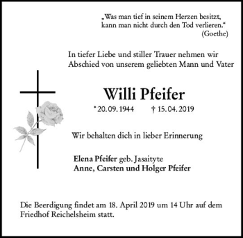 Traueranzeige von Willi Pfeifer von vrm-trauer