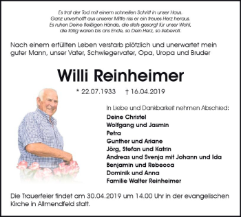 Traueranzeige von Willi Reinheimer von vrm-trauer