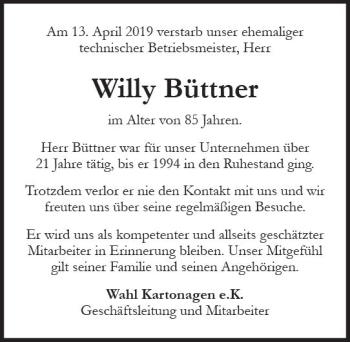 Traueranzeige von Willy Büttner von vrm-trauer