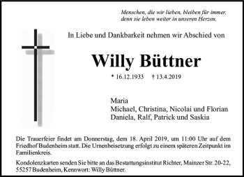 Traueranzeige von Willy Büttner von vrm-trauer