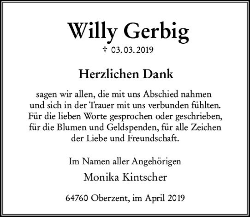  Traueranzeige für Willy Gerbig vom 10.04.2019 aus vrm-trauer