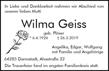 Traueranzeige von Wilma Geiss von vrm-trauer
