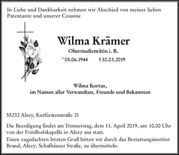 Traueranzeige von Wilma Krämer von vrm-trauer