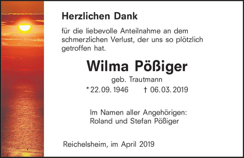  Traueranzeige für Wilma Pößiger vom 20.04.2019 aus vrm-trauer