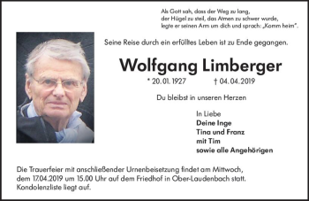 Traueranzeige von Wolfgang Limberger von vrm-trauer
