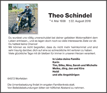 Traueranzeige von Theo Schindel von vrm-trauer