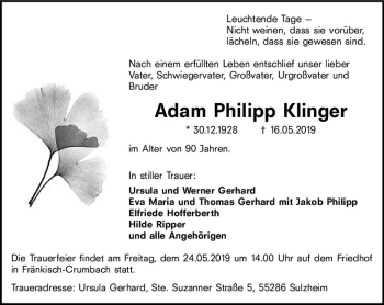 Traueranzeige von Adam Philipp Klinger von vrm-trauer