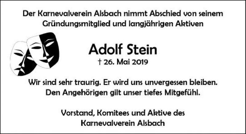  Traueranzeige für Adolf Stein vom 01.06.2019 aus vrm-trauer