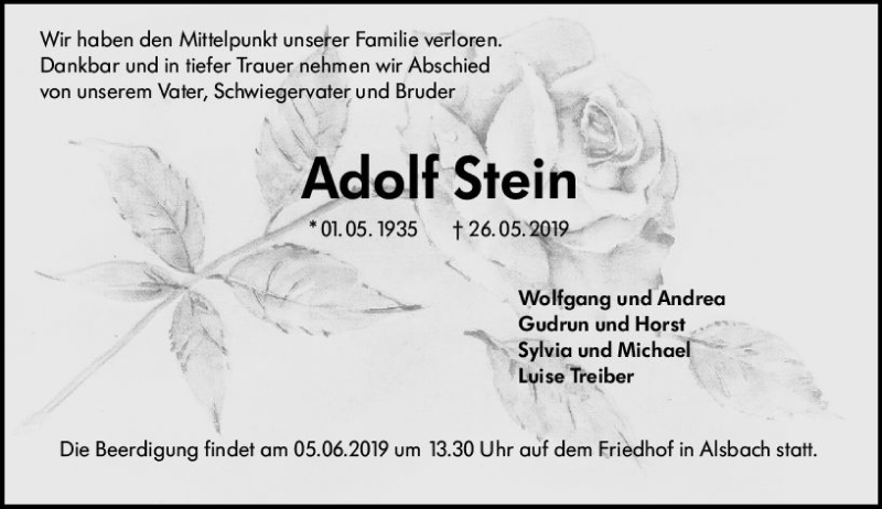  Traueranzeige für Adolf Stein vom 01.06.2019 aus vrm-trauer