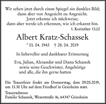 Traueranzeige von Albert Kratz-Schassek von vrm-trauer
