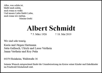Traueranzeige von Albert Schmidt von vrm-trauer