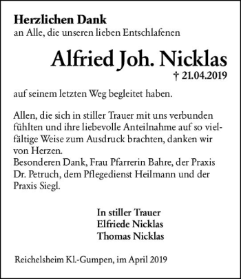 Traueranzeige von Alfried Joh. Nicklas von vrm-trauer