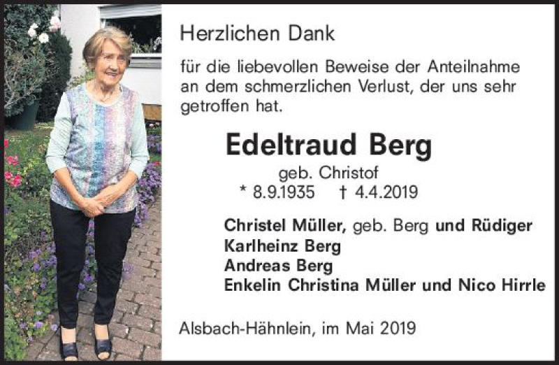  Traueranzeige für Edeltraud Berg vom 11.05.2019 aus vrm-trauer
