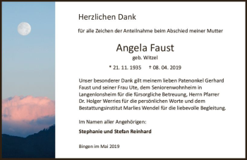 Traueranzeige von Angela Faust von vrm-trauer