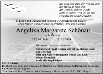 Traueranzeige von Angelika Margarete Schönau von vrm-trauer