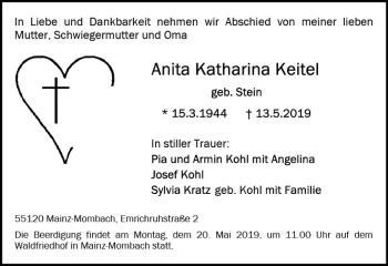 Traueranzeige von Anita Katharina Keitel von vrm-trauer