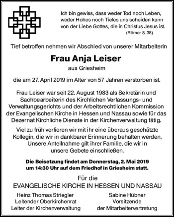 Traueranzeige von Anja Leiser von vrm-trauer