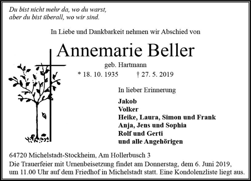  Traueranzeige für Annemarie Beller vom 01.06.2019 aus vrm-trauer