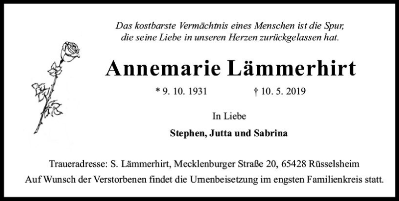  Traueranzeige für Annemarie Lämmerhirt vom 18.05.2019 aus vrm-trauer