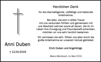 Traueranzeige von Anni Duben von vrm-trauer